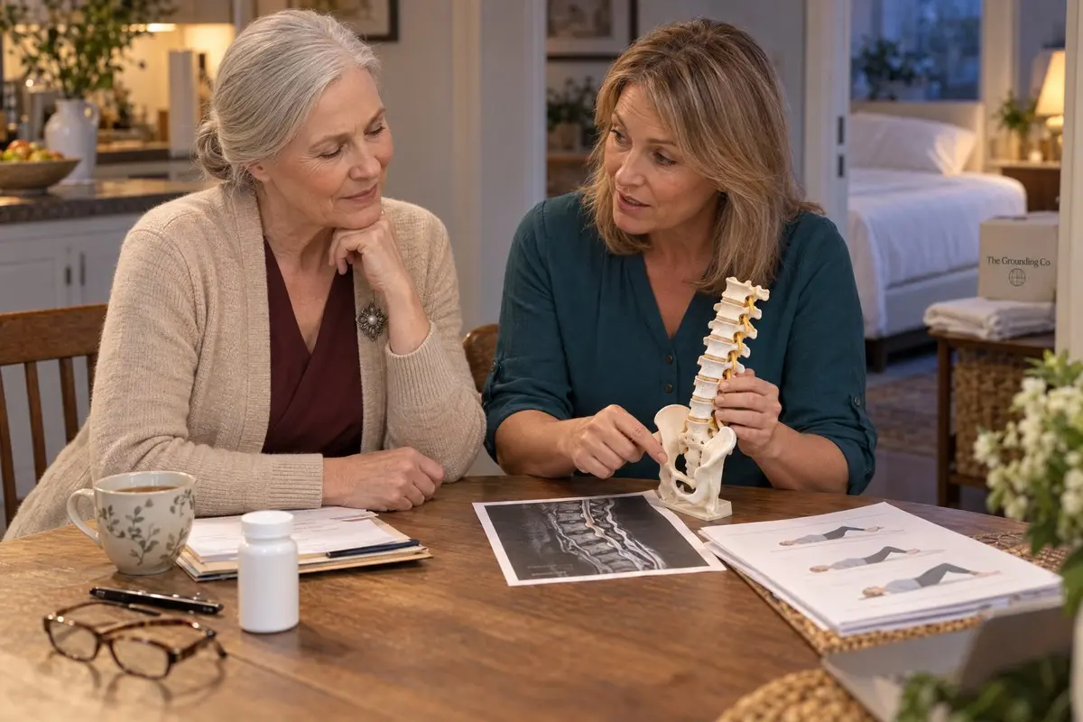 A woman sitting on a bed with lower-back pain