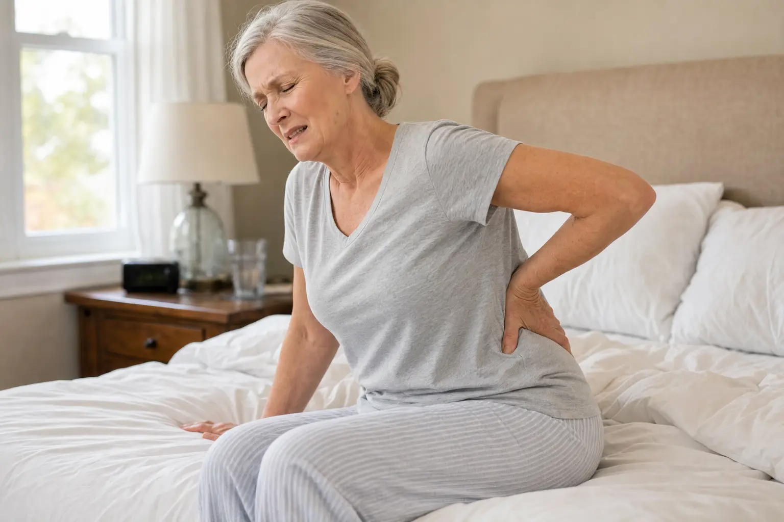 A woman sitting on a bed with lower-back pain